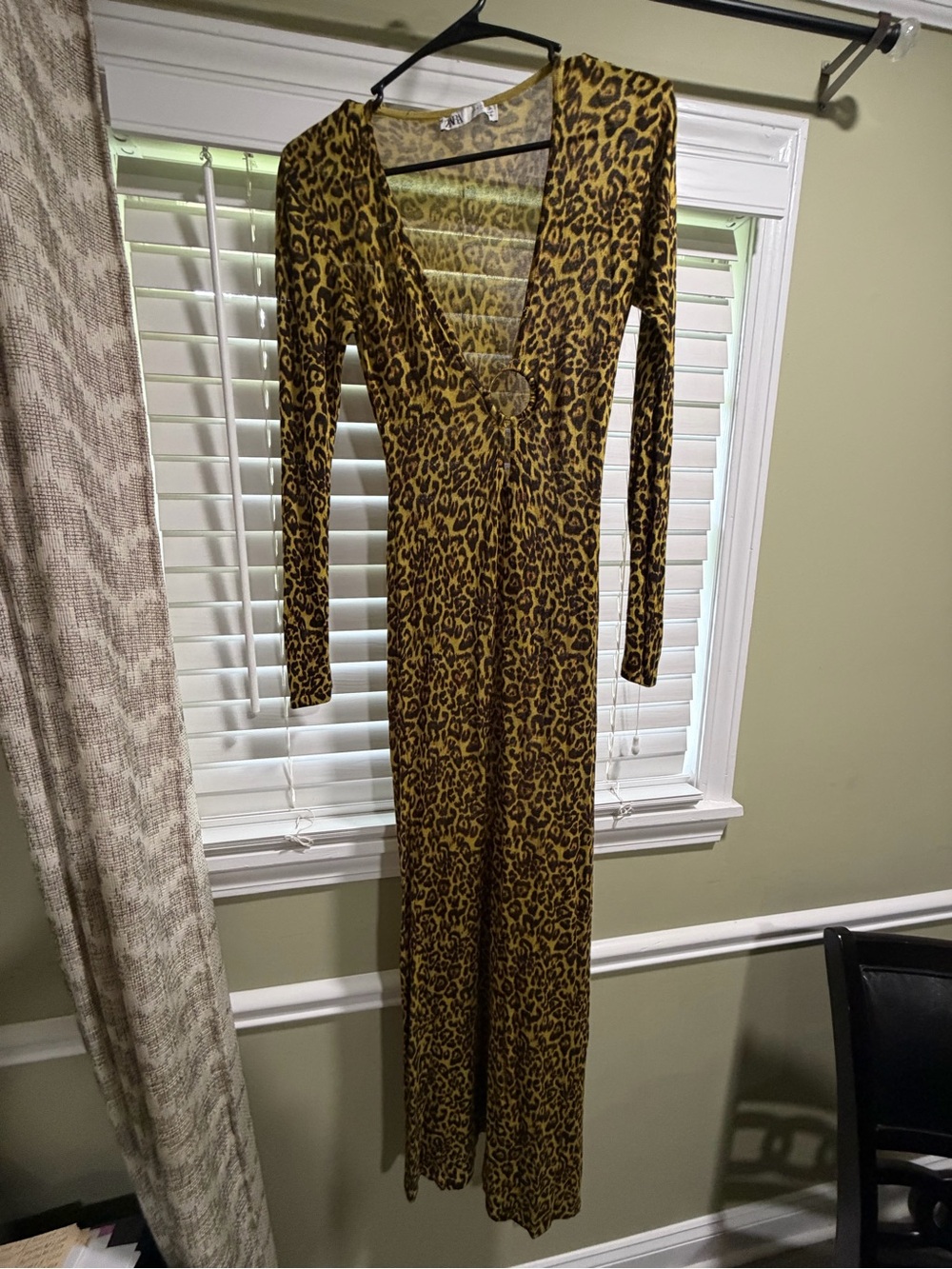 Zara Leopard-Print Long Sleeve V-Neck Maxi Dress in Yellow Brown
